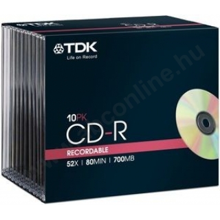 CD-R80 TDK 52x slim 10db-os vékonytokos gyári 700MB, 80min